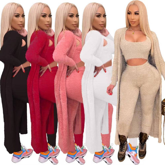 Winter 3 piece set Solid Color Fuzzy women clothing (tan)