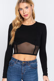 Long Sleeve Crew Neck With Front Mesh Hem Knit Top