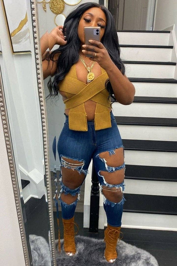 Sexy Bandage Knit Crop Sweater Tank Top