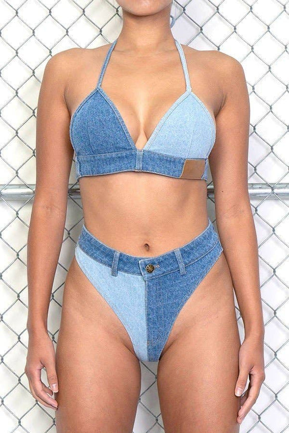 2 Piece Color Block Denim Bikini Bathing Suit Set